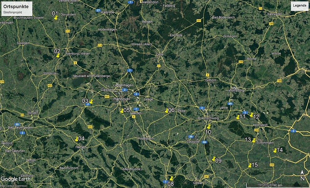 Eine Karte von Teilen Niedersachsens und Sachsen-Anhalts, auf der die 14 am Projekt teilnehmenen Betriebe markiert sind.