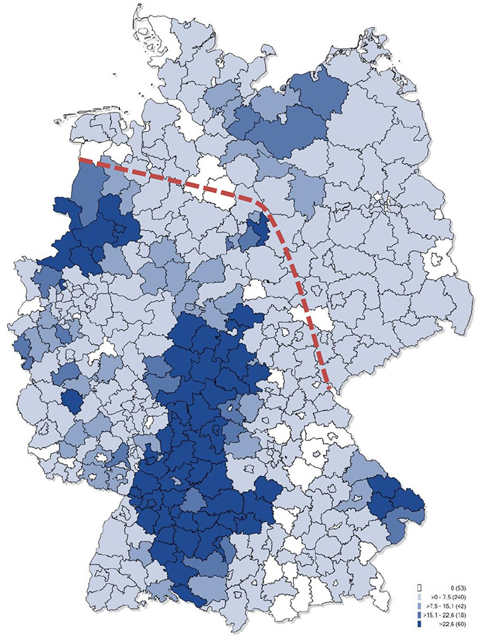 
	Karte: Inzidenz (Zahl gemeldeter Erkrankungen pro 100.000 Einwohner) von Hantaviruserkrankungen beim Menschen in den Jahren 2001-2018

