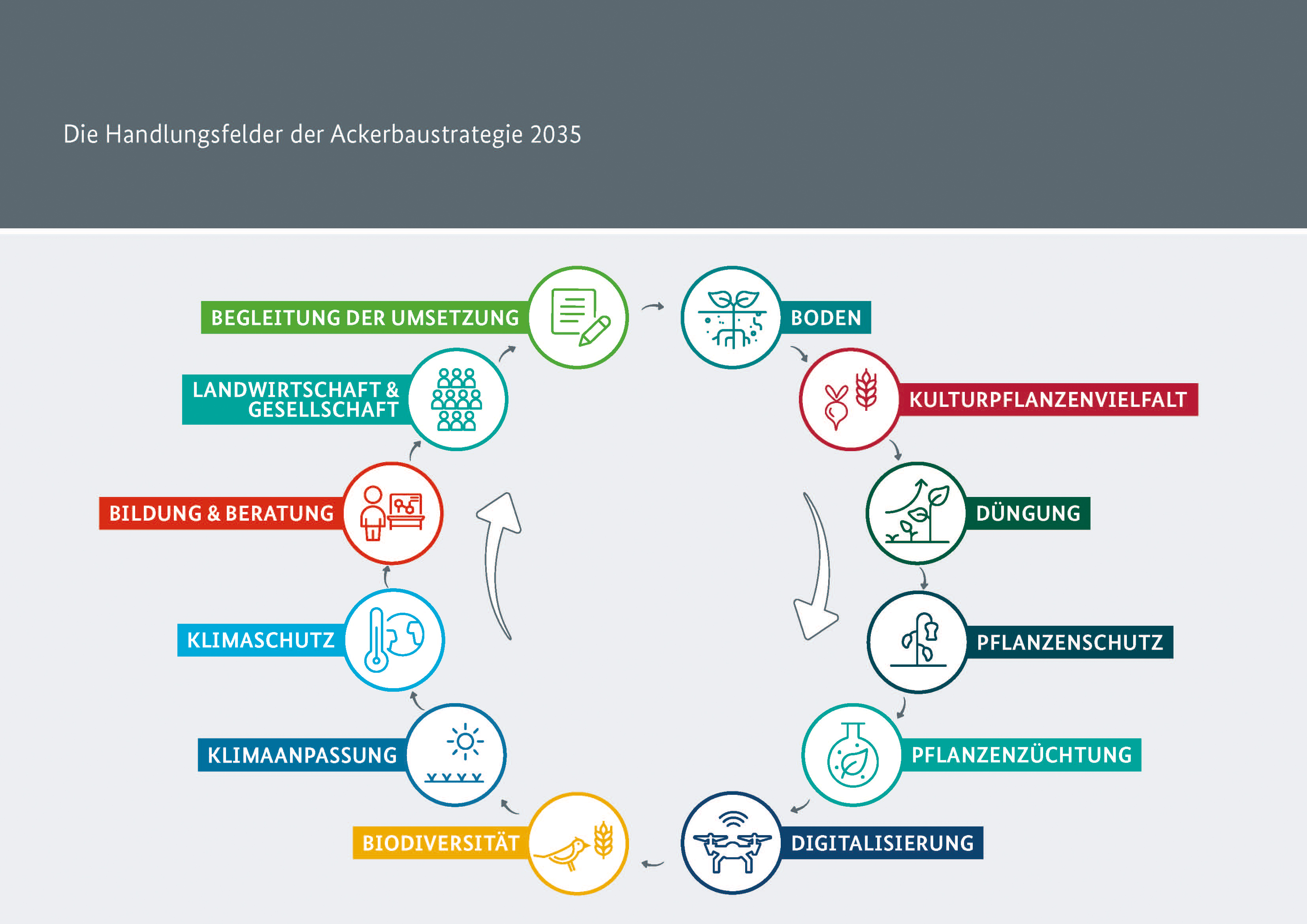 Zwölf Handlungsfeldern der Landwirtschaft wie Düngung, Klimaschutz, Artenvielfalt werden Symbole zugeordnet, die kreisförmig angeordnet sind.