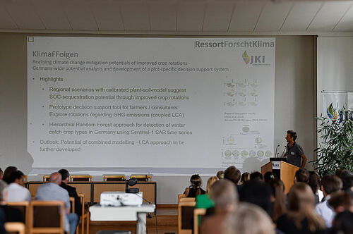 Um Klimaschutz durch verbesserte Fruchtfolgen ging es im KlimaFFolgen-Projekt: Dr. Carsten Marohn (JKI-SF) stellt die Ergebnisse vor. © A. Shawon/JKI