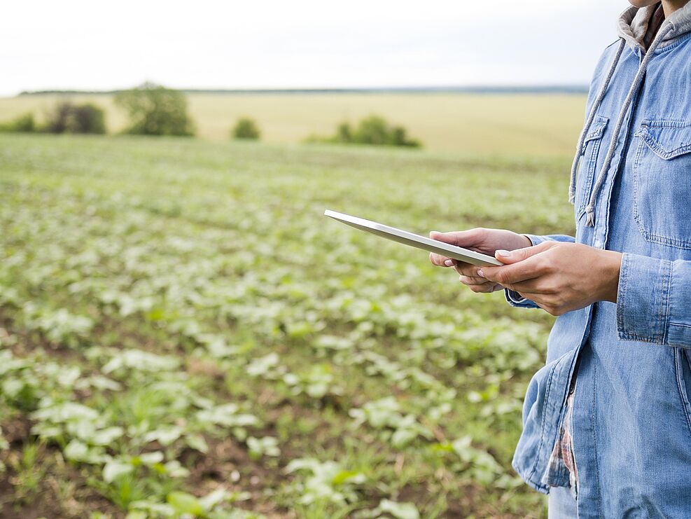 Im rechten Bildrand steht eine Person, ihr Gesicht ist nicht sichtbar. Sie hält ein Tablet in beiden Händen. Im Hintergrund ist ein Feld mit grünen Pflanzen zu erkennen.