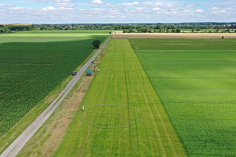 Blick aus der Luft auf grüne Felder, die längs durchschnitten werden von einem grauen Feldweg. Auf dem hellgrünen Streifen in der Mitte des Bildes sind graue Achtecke zu erkennen, bestehend aus den Rohren der FACE-Anlage, durch die Kohlenstoffdioxid geleitet werden kann.