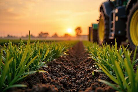 Nahaufnahme von grünem Gras, das auf einem Feld wächst, mit einem Traktor. © AdobeStock_1382689573 Nahaufnahme von grünem Gras, das auf einem Feld wächst, mit einem Traktor. © AdobeStock_1382689573