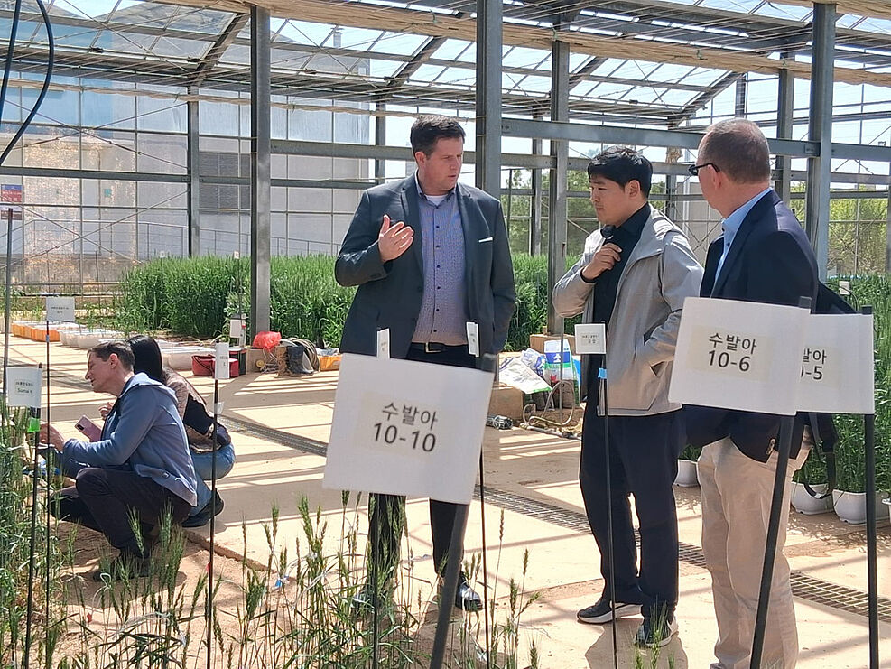 
	: Dr Andreas Stahl (left) from the JKI in conversation with his Korean colleague Dr Hyundai Han (centre) whilst viewing a drought stress experiment at the NICS. © C. Harms/JKI
