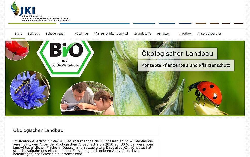 
	Screenshot von der Startseite des JKI-Wissensportals Ökologischer Landbau.

