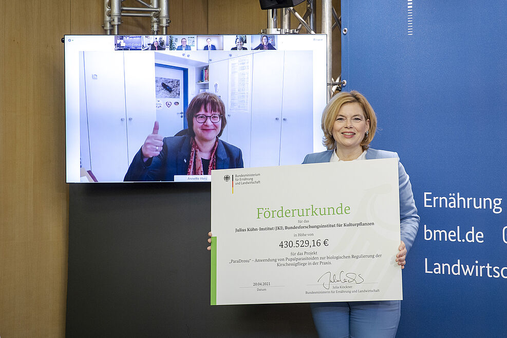 
	Bundeslandwirtschaftsministerin Julia Klöckner übergibt Förderbescheid für ParaDrosu-Projekt an die JKI-Koordinatorin Dr. Annette Herz (Videokonferenz/20.04.21) © BMEL/J. Schmitz/photothek.d
