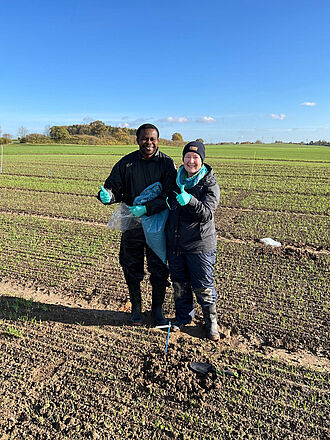 Abb. 4: Gastwissenschaftler Dr. Modupe Doyeni vom Litauischen Forschungszentrum für Landwirtschaft und Forst (LAMMC) unterstützte Dr. Andrea Braun-Kiewnick bei der Probenahme in Hohenschulen Anfang November. Foto: Hannes Piepenbrink