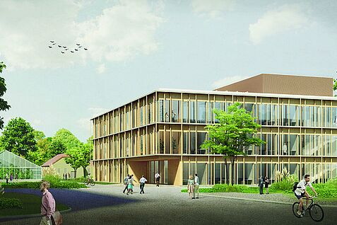 Dieser Entwurf den Laborneubau des JKI in Berlin-Dahlem überzeugte das Preisgericht und wurde mit dem 1. Preis ausgezeichnet. © Visualisierung: BHBVT Gesellschaft von Architekten mbH