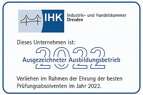 Nachweis "ausgezeichneter Aisbildungsbetrieb" 2022 der IHK Dresden für den JKI-Standort Dresden-Pillnitz (Fachinstitut für Züchtungsforschung an Obst)