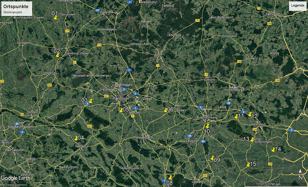 
	Eine Karte von Teilen Niedersachsens und Sachsen-Anhalts, auf der die 14 am Projekt teilnehmenen Betriebe markiert sind.

