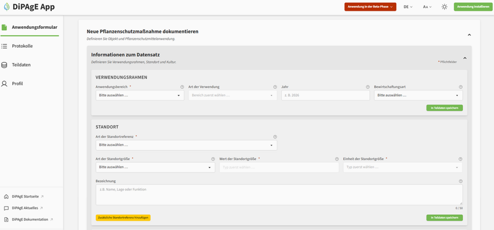 Die Web-App führt die Nutzenden durch die Erfassung erforderlicher Angaben und unterstützt mit hinterlegten Fach- und Verwaltungsinformationen, dabei verbleiben die Datensätze auf dem Endgerät der Nutzenden. © Screenshot Julius Kühn-Institut (JKI)