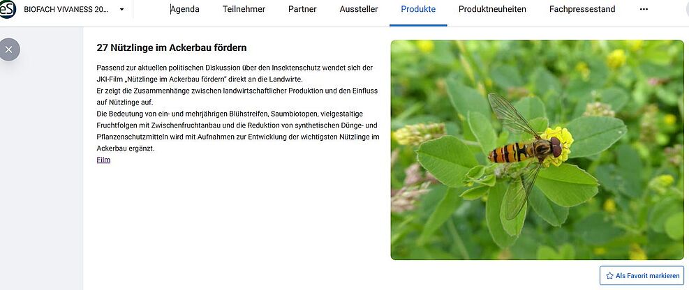 Screenshot BIOFACH zum Thema Produkte Nützlinge fördern