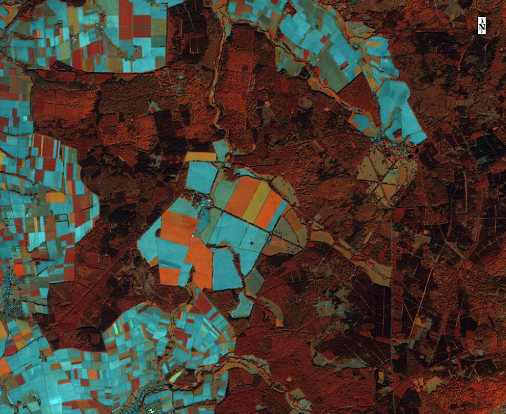 Infrarotversion der Domäne in Beberbeck (Hessen). Vegetation erscheint in verschiedenen Rottönen, gut erkennbar die Waldtypen (dunkelrot Nadelwald und hellrot Laubwald). Orangefarbene Flächen zeigen Zuckerrüben und Zwischenfrüchte, bläuliche Fläche ist offener Boden nach der Bestellung