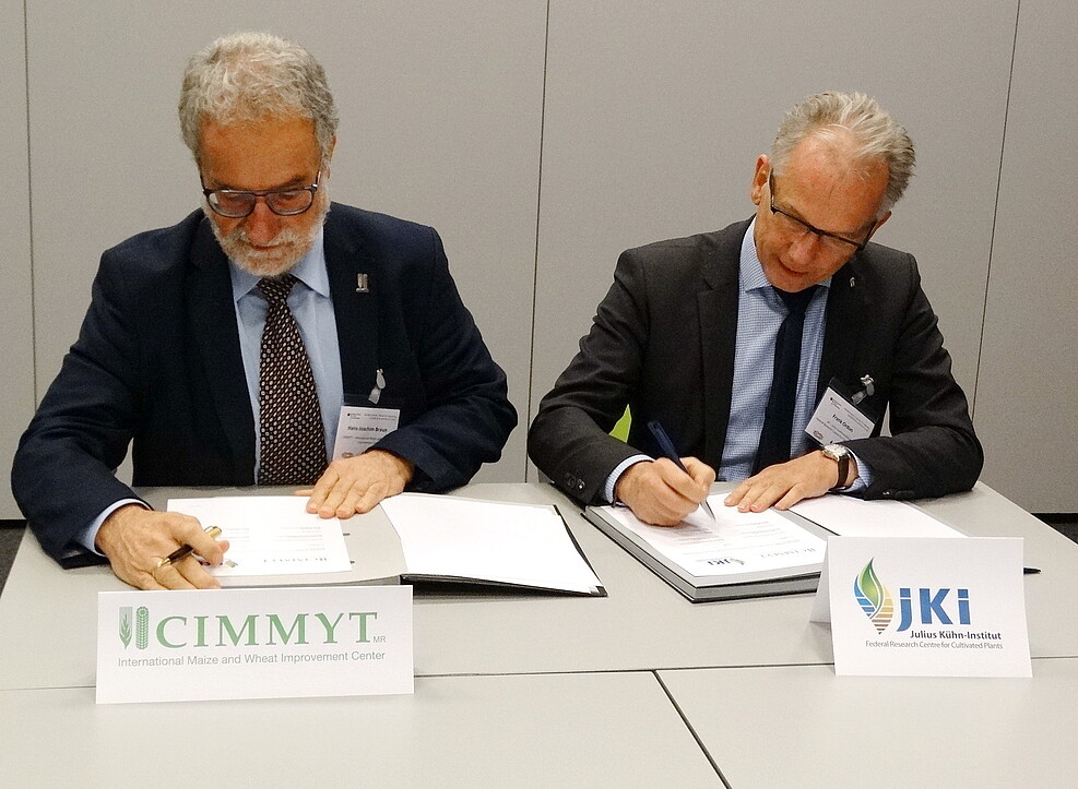 Dr. Hans-Joachim Braun (l.) vom CIMMYT, Mexiko und Prof. Dr. Frank Ordon (r.), Präsident des JKI unterzeichnen am 19.11.2019 eine Absichtserklärung