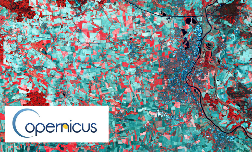 Sentinel-2 Aufnahme vom 25.8.2019 / Falschfarbendarstellung, RGB-Kanäle 8-5-4 / Die Aufnahme zeigt ein der Kornkammern Deutschlands, die Mageburger Börde. Rechts im Bild ist der Verlauf der Elbe bei Magdeburg zu sehen.