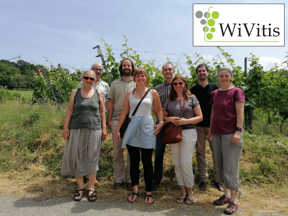 Projektleitungstreffen der kooperierenden Einrichtungen aus Deutschland, Frankreich und der Schweiz: (v.l.n.r.) Hanns-Heinz Kassemeyer und René Fuchs (WBI), Philippe Hugueney (INRAE), Marcus Wyss (NI Lab), Bea Steinemann (FiBL), Katja Herzog (JKI), Ruth Walter (DLR RP), Evi Bieler (NI Lab).