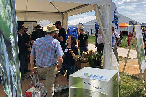 Der JKI-eigene Zeltstand auf gras auf den DLG-Feldtagen war durchgehend gut besucht, auch wegen des aktuellen Themas, der Schilf-Glasflügelzikade und die von ihr übertragenen Krankheitserreger. © Stefanie Hahn/JKI
