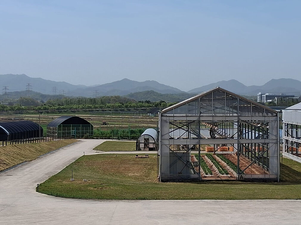Experimental facility with a rain-out shelter and trial fields in the background at the National Institute for Crop and Food Science (NICS), the South Korean partner institution with which the heat stress tolerance of wheat is being investigated. © C. Harms/JKI