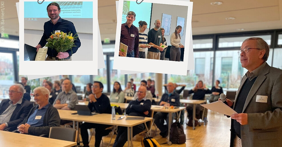 
	Prof. Dr. Klaus Pillen, Martin-Luther-Universität Halle-Wittenberg, Präsident der GPZ, begrüßte die geladenen Gäste zu den 21. Kurt von Rümker-Vorträgen. | Collage mit Vortragenden und Preisträger. Foto: Sarah Barnert/JKI
